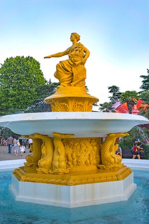 Sochi, Russia-June 14, 2018: Beautiful fountain at the entrance to the seaport of the resort.のeditorial素材