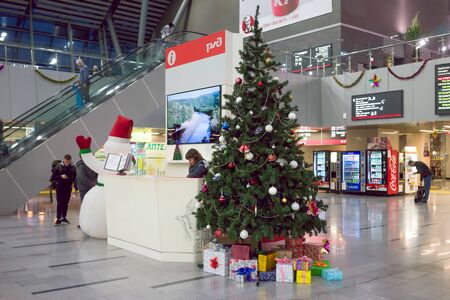 Sochi, Russia-January 17, 2018: Adler train station in the evening.のeditorial素材