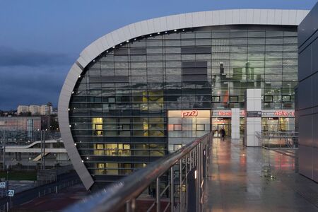 Sochi, Russia-January 17, 2018: Adler train station in the evening.のeditorial素材