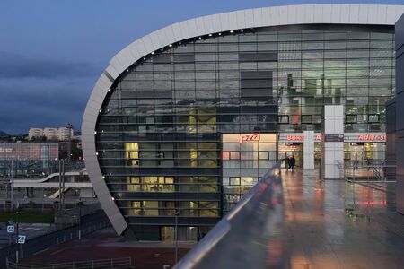 Sochi, Russia-January 17, 2018: Adler train station in the evening.のeditorial素材