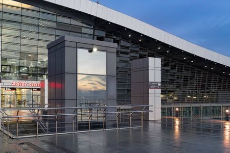 Sochi, Russia-January 17, 2018: Adler train station in the evening.のeditorial素材
