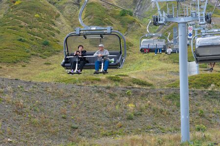 Sochi, Russia-September 30, 2017: mountain landscape with rocky slopes and the cable car in Krasnaya Polyana.のeditorial素材