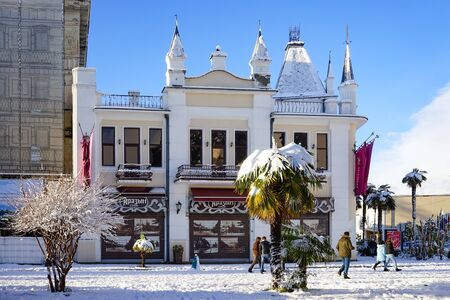Sukhumi, Abkhazia-January 27, 2017: Urban landscape in winter with snow in the sub-tropics.のeditorial素材
