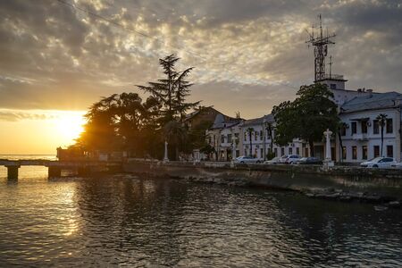 Sukhumi, Abkhazia-November 21, 2017: Urban landscape with the sights of the city in the evening light.のeditorial素材
