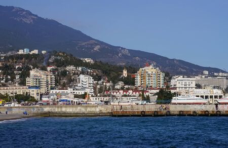 Yalta, Crimea-March 14, 2015: urban landscape with coastline and seaのeditorial素材