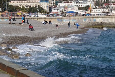 Yalta, Crimea-March 14, 2015: urban landscape with coastline and seaのeditorial素材
