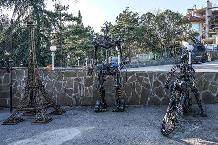 Yalta, Crimea-March 14, 2015: Art exhibition in the open air. Pieces of metalのeditorial素材