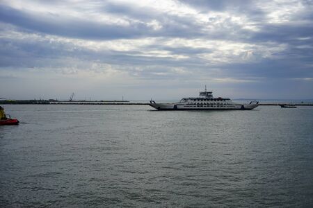 Taman, Russia-June 11, 2015: Seascape with a ferry on the background of the Kerch Strait.のeditorial素材