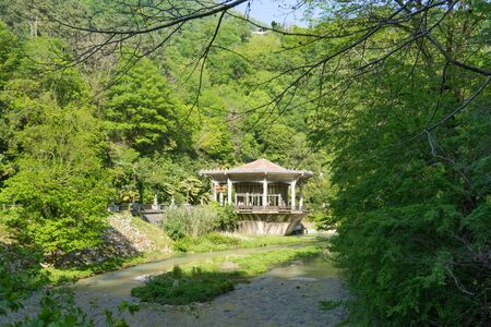 New Athos, Abkhazia-April 29, 2018: Landscape with a ruined and abandoned train station.のeditorial素材