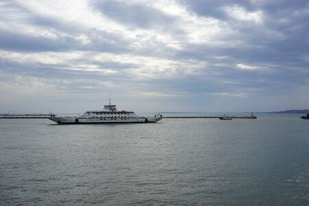 Taman, Russia-June 11, 2015: Seascape with a ferry on the background of the Kerch Strait.のeditorial素材