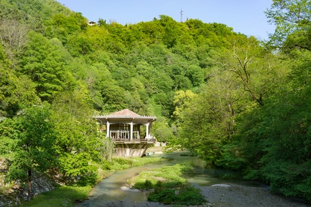 New Athos, Abkhazia-April 29, 2018: Landscape with a ruined and abandoned train station.の写真素材