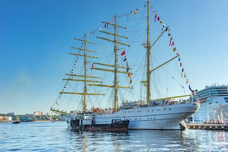 Vladivostok, Russia-September 9, 2018: Indonesian sailboat "Bima Suci" in the port of the city.のeditorial素材