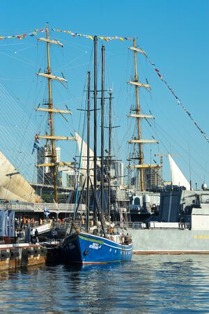 Vladivostok, Russia-September 9, 2018: Warships and sailboats in the port of the city.のeditorial素材