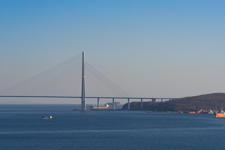 Vladivostok, Russia-December 1, 2018: Marine landscape with views of the Russian bridge on the horizon.の写真素材