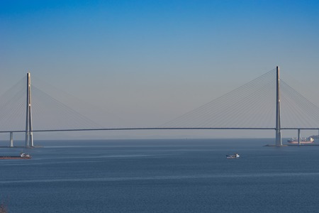 Vladivostok, Russia-December 1, 2018: Marine landscape with views of the Russian bridge on the horizon.の写真素材