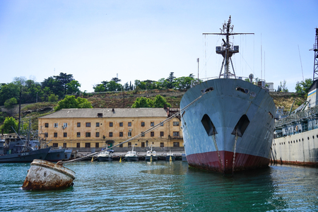 Sevastopol, Crimea-June 13, 2015: Urban landscape with coastline, sea and ships.のeditorial素材