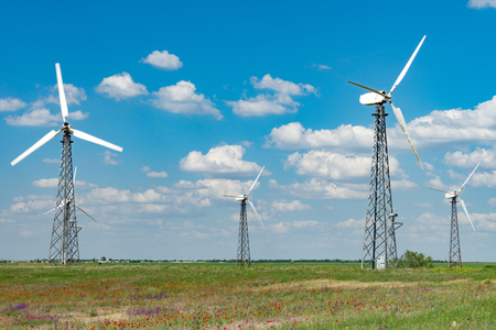 Evpatoria, Crimea-may 25, 2018: Panorama of wind farms against the blue sky with clouds.の写真素材