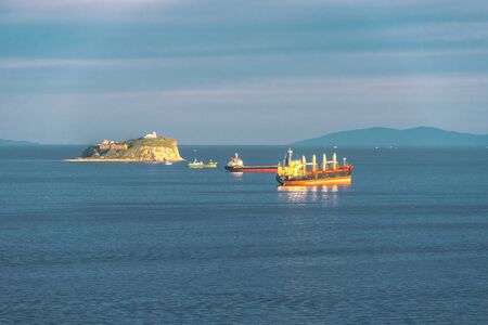 Vladivostok, Russia-September 16, 2018: Seascape with ships on the background of the sea.のeditorial素材