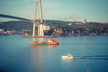 Vladivostok, Russia-September 16, 2018: Seascape overlooking the landmark of the city - Russian bridge.のeditorial素材