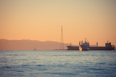 Vladivostok, Russia-September 16, 2018: Seascape with ships at sunset.の写真素材
