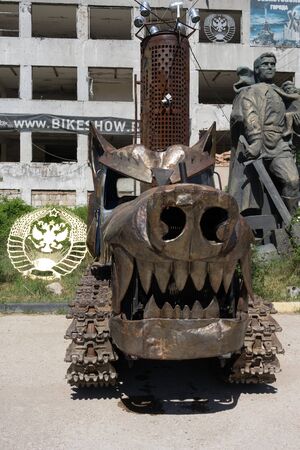 Sevastopol, Crimea-may 31, 2018: Tractor in the form of a wolf at the exhibition of cars in the Museum of bikers.のeditorial素材