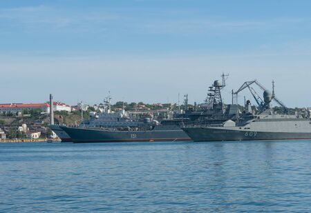 Sevastopol, Crimea-may 31, 2018: Warship on the background of the sea and the cityのeditorial素材