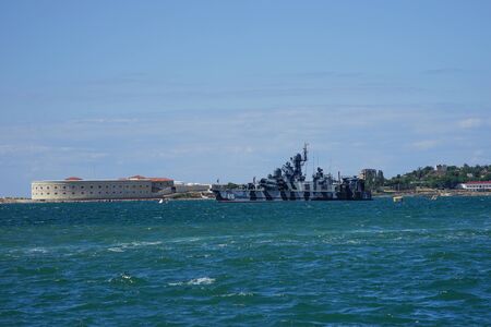 Sevastopol, Crimea-June 8, 2016: Seascape overlooking the sights of the ancient historical city.のeditorial素材
