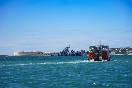 Sevastopol, Crimea-June 8, 2016: Seascape overlooking the sights of the ancient historical city.のeditorial素材