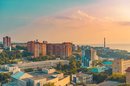 Vladivostok, Russia-July 21, 2018: Urban landscape with views of the modern city.のeditorial素材