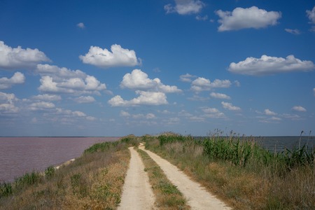 Natural landscape with a fantastic pink lake-a landmark of the Crimea.の写真素材