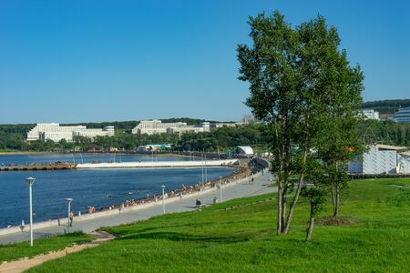 Vladivostok, Russia-August 19, 2018: Seascape with the coastline of the beach in the campus on the island of Russian.のeditorial素材
