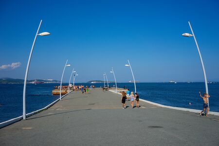 Vladivostok, Russia-August 19, 2018: Seascape with the coastline of the beach in the campus on the island of Russian.のeditorial素材