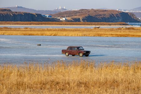 Vladivostok, Russia-January 26, 2019: Landscape with a view of the frozen lake.のeditorial素材