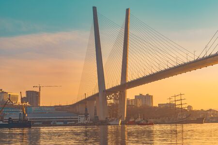 Vladivostok, Russia-January 29, 2019: landscape overlooking the Golden bridge at sunsetのeditorial素材