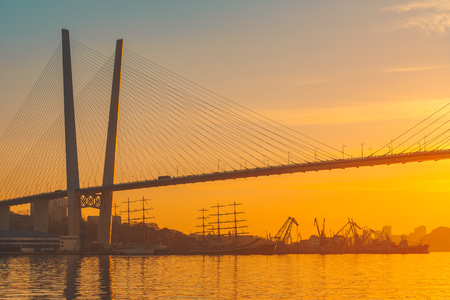 Vladivostok, Russia-January 29, 2019: landscape overlooking the Golden bridge at sunsetの写真素材