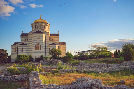 Sevastopol, Crimea-June 7, 2016: Vladimir Cathedral in Chersonesos - the Orthodox Church of the Moscow Patriarchate on the territory of Tauric Chersonesosの写真素材