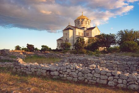 Sevastopol, Crimea-June 7, 2016: Vladimir Cathedral in Chersonesos - the Orthodox Church of the Moscow Patriarchate on the territory of Tauric Chersonesosのeditorial素材