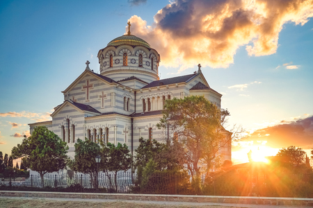 Sevastopol, Crimea-June 7, 2016: Vladimir Cathedral in Chersonesos - the Orthodox Church of the Moscow Patriarchate on the territory of Tauric Chersonesosの写真素材