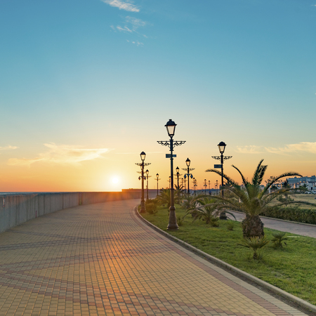 Sochi, Russia-June 9, 2018: Cityscape with sunset view over the waterfront of the resort town.の写真素材