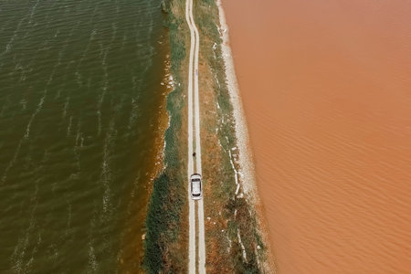 aerial view of lake Sasyk-Sevash and view of the road with a white car. Evpatoria, Crimea