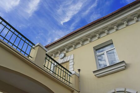 Nakhodka, Primorsky Krai-September 8, 2010: The building of the railway station against the blue sky.のeditorial素材