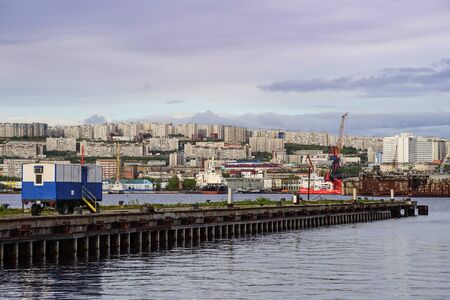 Murmansk, Russia-June 5, 2015: Pier on the background of the Bay and the city.のeditorial素材