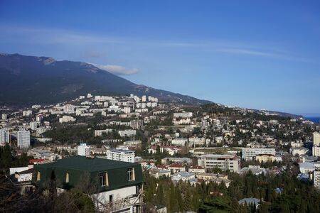 Yalta, Crimea-March 14, 2015: Cityscape with city sea and sky viewのeditorial素材