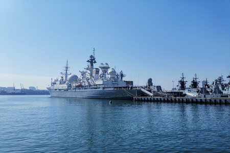 Vladivostok, Russia - March 25, 2019: Seascape with Russian warships at the pier.