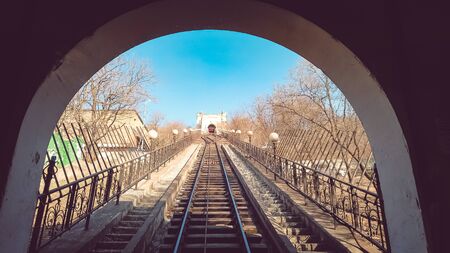 Vladivostok, Primorsky Krai-March 29, 2019: Urban landscape with rails for the cable car.のeditorial素材