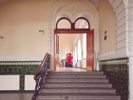 Vladivostok, Primorsky Krai - April 4, 2019: The interior of the railway station. Entrance to the waiting room.のeditorial素材