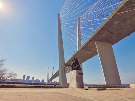 Vladivostok, Primorsky Krai - April 3, 2019: Cityscape overlooking the Golden bridge against the...