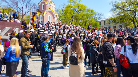Vladivostok, Primorsky Krai - may 9, 2019: Ship quay, a lot of people celebrate the Victory Day.
