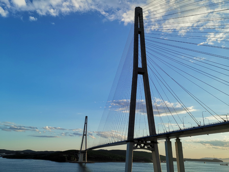 Marine landscape with views of the Russian bridge. Vladivostok, Russiaの写真素材