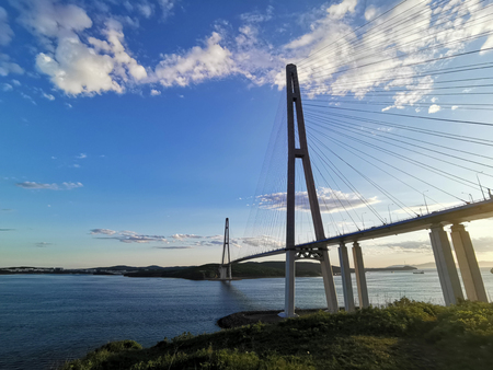 Marine landscape with views of the Russian bridge. Vladivostok, Russiaの写真素材